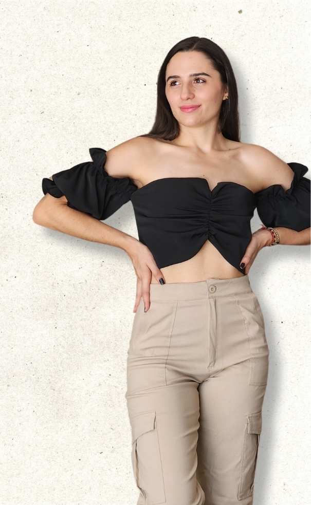Crop Top Bombacho Mangas Corrugado Centro
